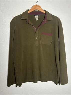 Vintage Patagonia Murrelet Fleece Polo Long Sleeve Pocket Preppy Olive Green Men